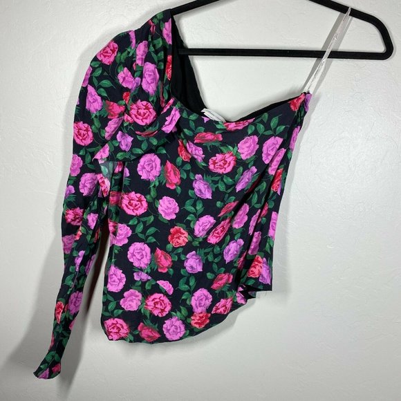 LOVERS + FRIENDS Pink/Purple Roses Print One Shoulder Puff Sleeves Blouse Top - Picture 2 of 5